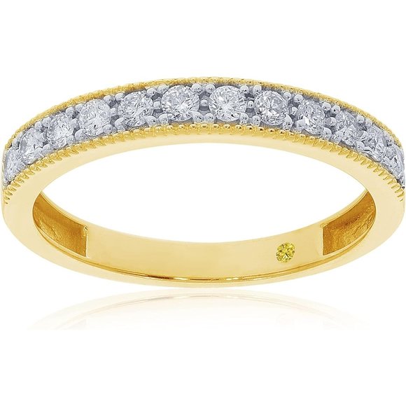 💫 Women Yellow Wedding Bands 10K Diamond Carat Milgrain Anniversary Jewelry